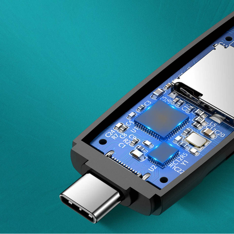 Adapteris 2 USB-A ir USB-C kištukai, SD ir micro SD kortelių skaitytuvas, juodas