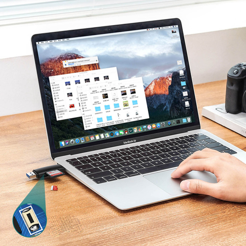 Adapteris 2 USB-A ir USB-C kištukai, SD ir micro SD kortelių skaitytuvas, juodas
