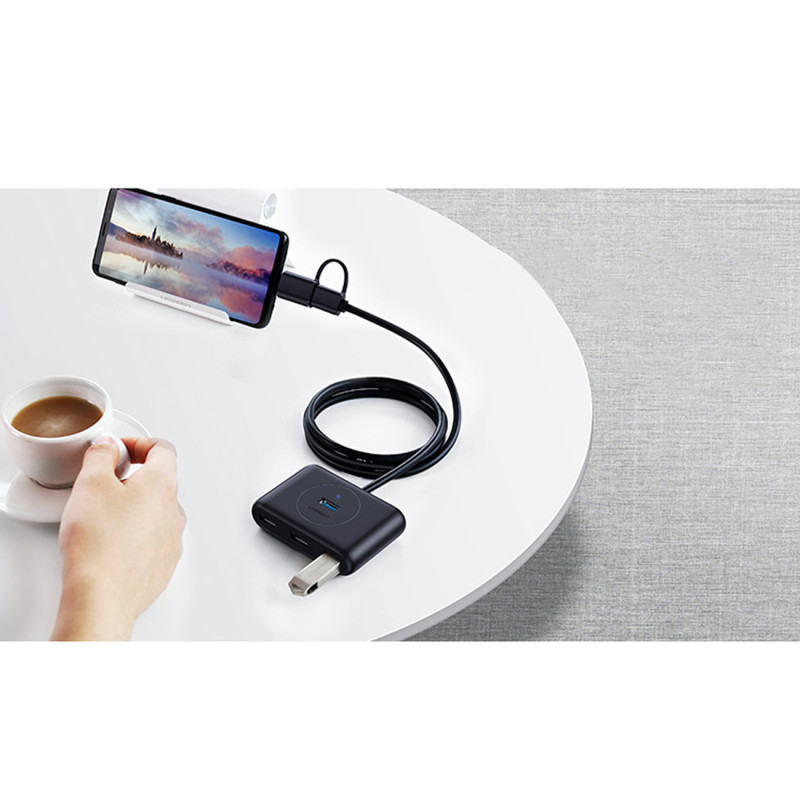 4in1 HUB adapterio skirstytuvas USB-A/ C į 4x USB 3.0 5Gb/ s 1m juodas