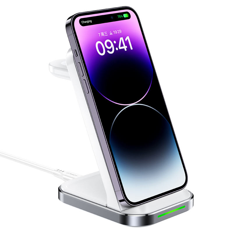 3in1 belaidžio įkrovimo stotelė telefonui, ausinėms, išmaniesiems laikrodžiams, balta
