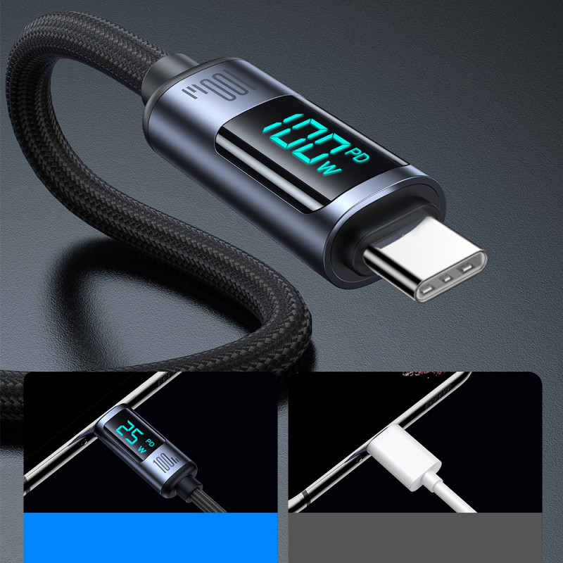 USB-C laidas su LED ekranu 100W 1,2m juodas