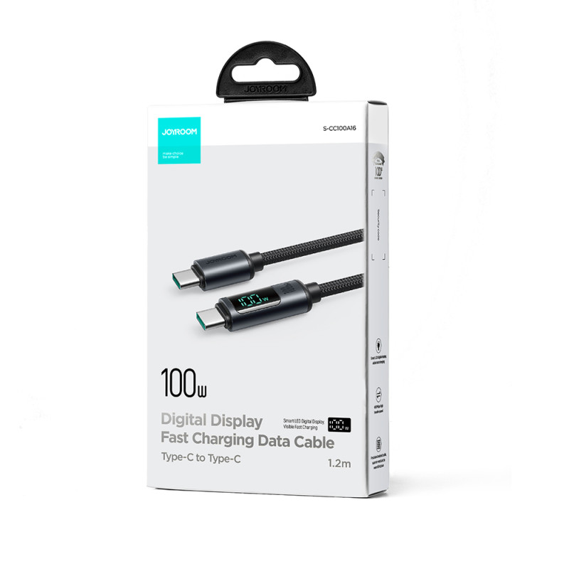 USB-C laidas su LED ekranu 100W 1,2m juodas