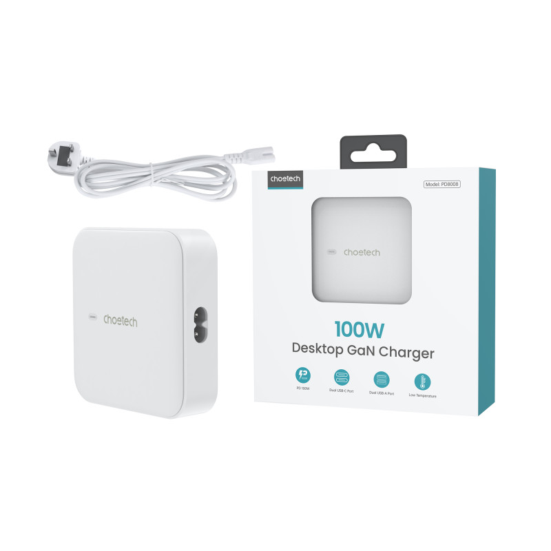 Galingas GaN 100W sieninis įkroviklis 2x USB-A 2x USB-C baltas