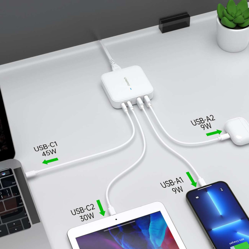Galingas GaN 100W sieninis įkroviklis 2x USB-A 2x USB-C baltas