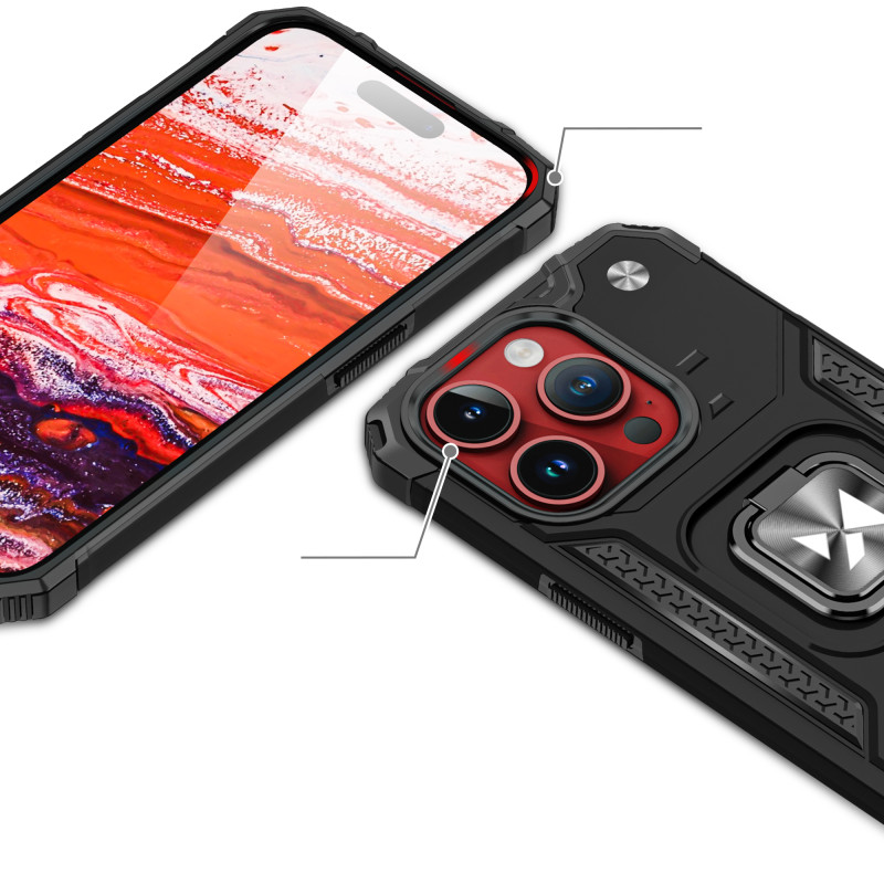Šarvuotas dėklas su pirštų laikikliu iPhone 15 Pro Ring Armor, juodas
