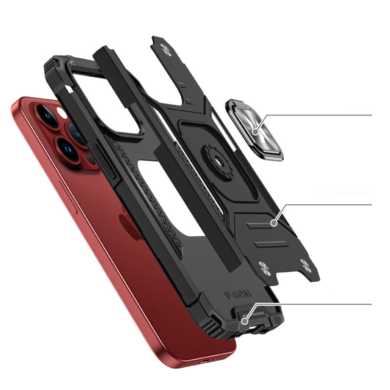 Šarvuotas dėklas su pirštų laikikliu iPhone 15 Pro Ring Armor, juodas