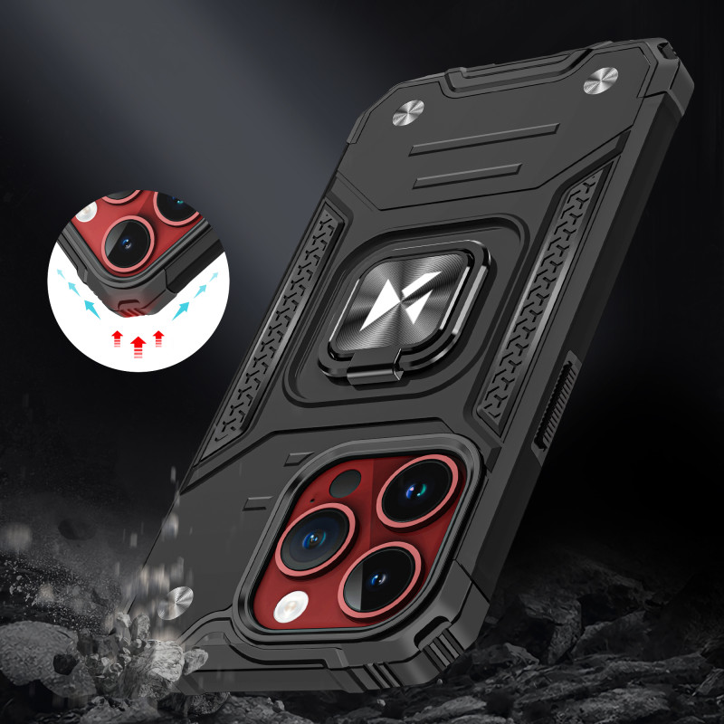 Šarvuotas dėklas su pirštų laikikliu iPhone 15 Pro Ring Armor, juodas
