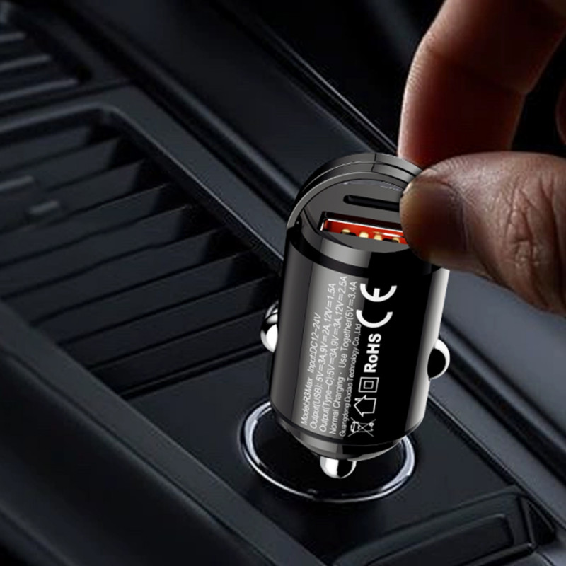 Mini automobilinis pakrovėjas cigarečių degiklio lizdui 48W QC PD, juodas