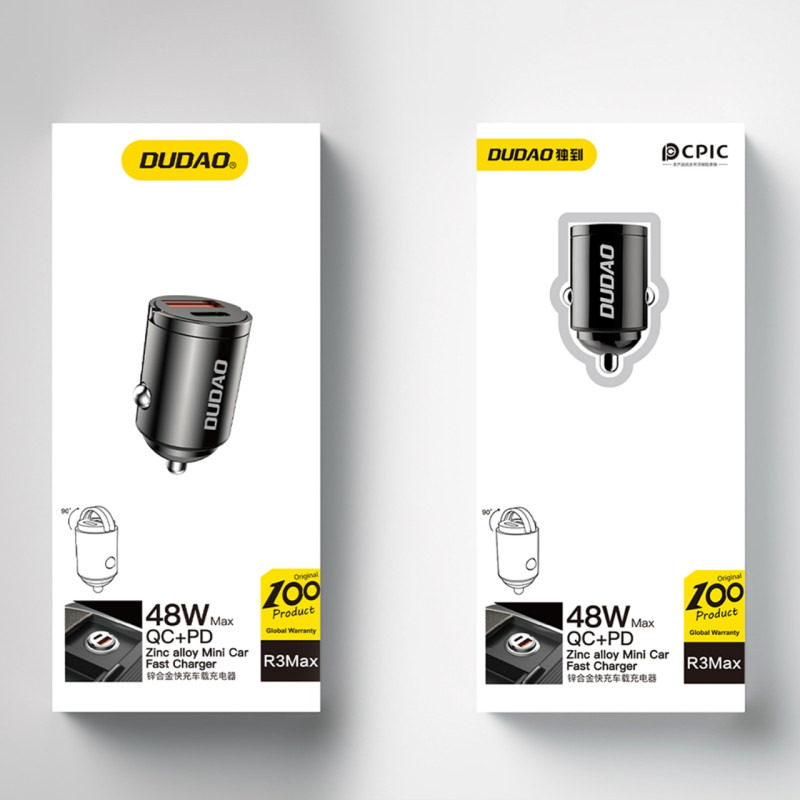 Mini automobilinis pakrovėjas cigarečių degiklio lizdui 48W QC PD, juodas