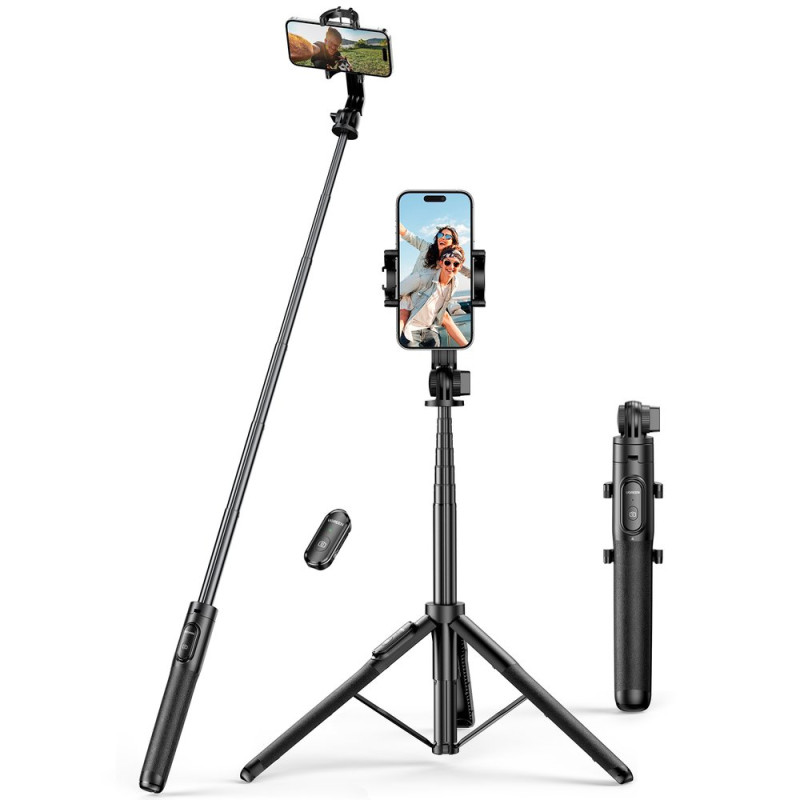 
Selfie lazda, teleskopinė telefono lazda su stovu ir Bluetooth nuotolinio valdymo pulteliu, 1,5 m, juoda
