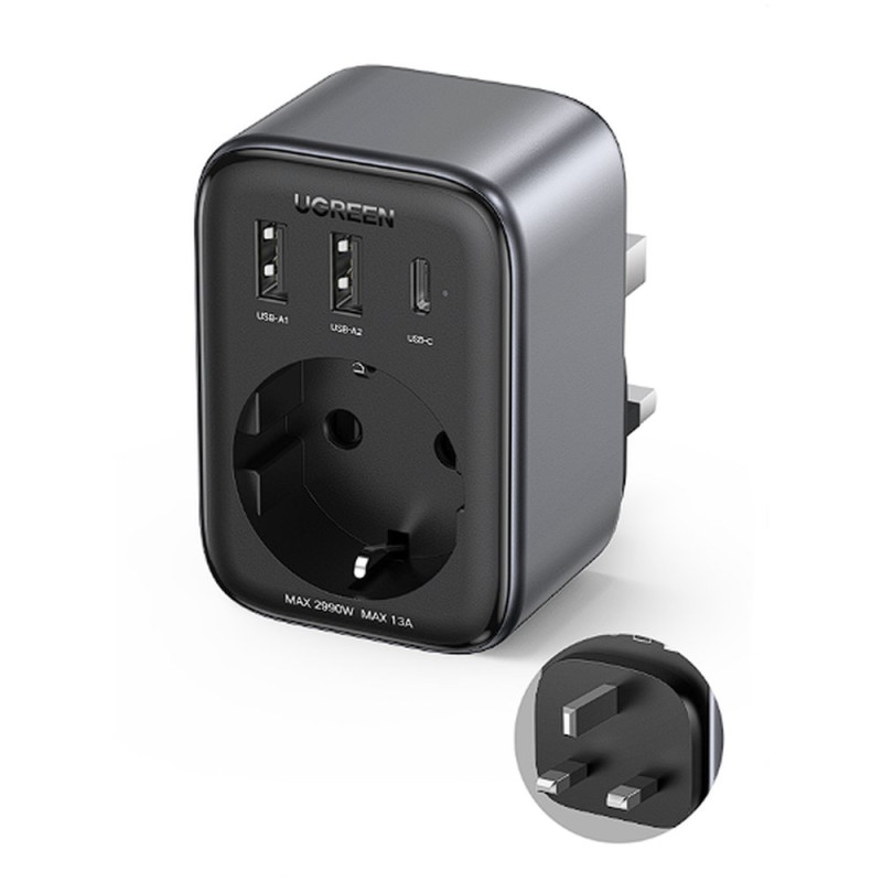 
2 viename sieninio įkroviklio adapteris EU AC 13A 2x USB USB-C 30W angliškas kištukas JK juodas
