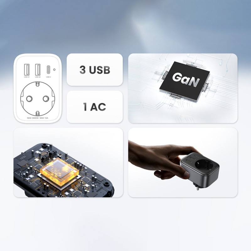 2in1 Sieninio įkroviklio adapteris EU AC 13A 2x USB USB-C 30W EU kištukas juodas