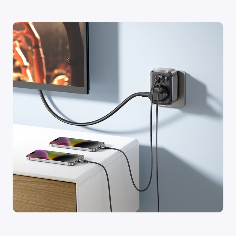 2in1 Sieninio įkroviklio adapteris EU AC 13A 2x USB USB-C 30W EU kištukas juodas