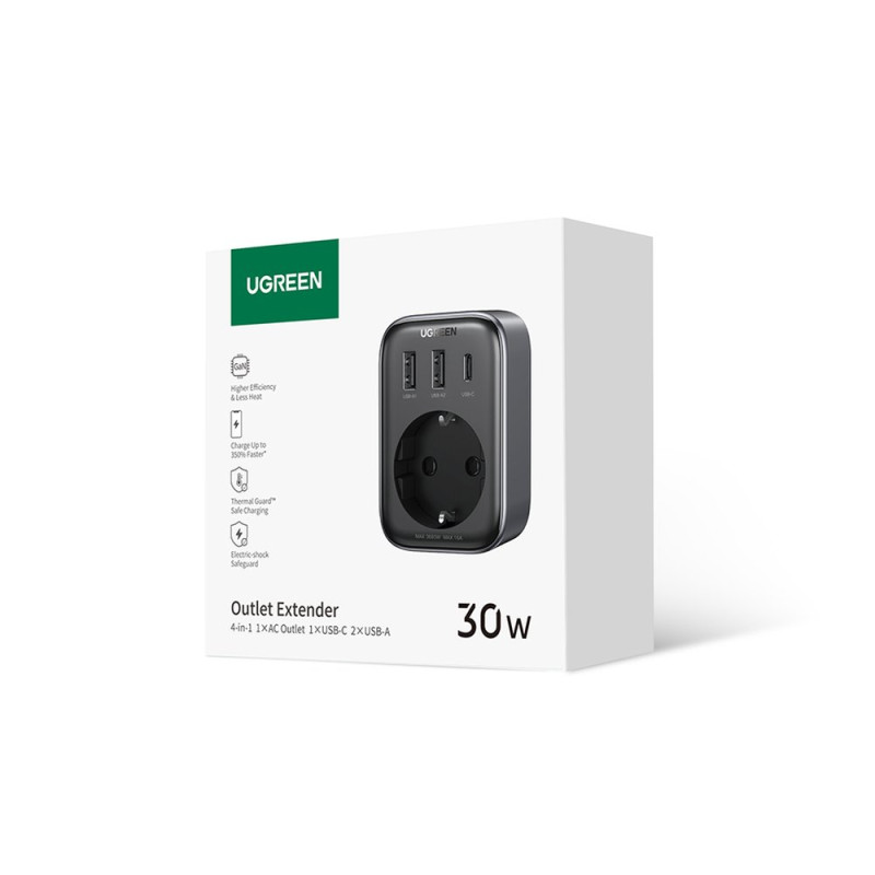 2in1 Sieninio įkroviklio adapteris EU AC 13A 2x USB USB-C 30W EU kištukas juodas