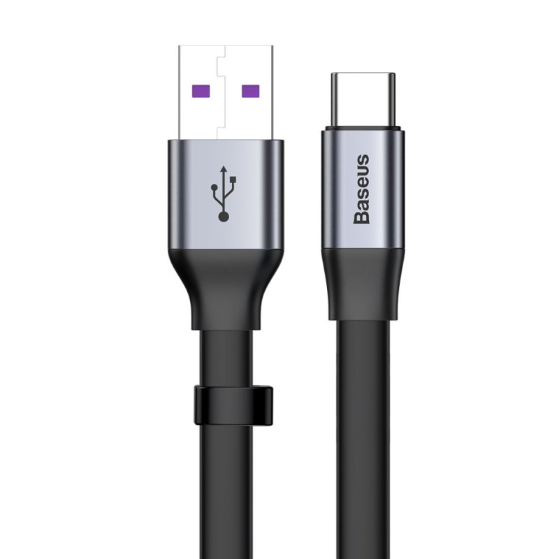 Paprastas plokščias kabelis USB laidas USB-C 5A 40W Quick Charge 3.0 QC 3.0 23cm pilka