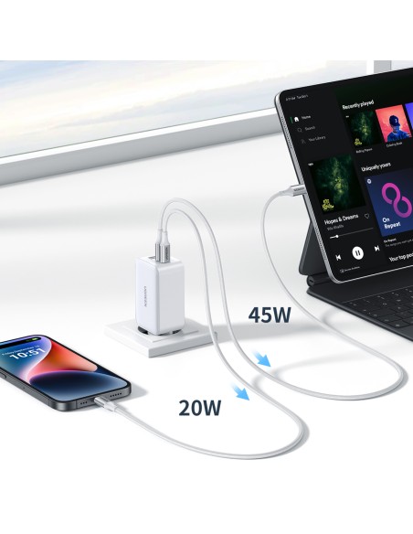 
GaN 65W USB-A / 2x USB-C greitas įkroviklis, baltas
