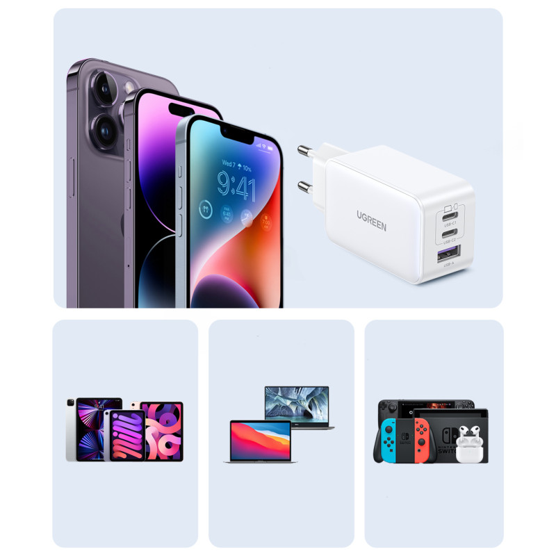 
GaN 65W USB-A / 2x USB-C greitas įkroviklis, baltas
