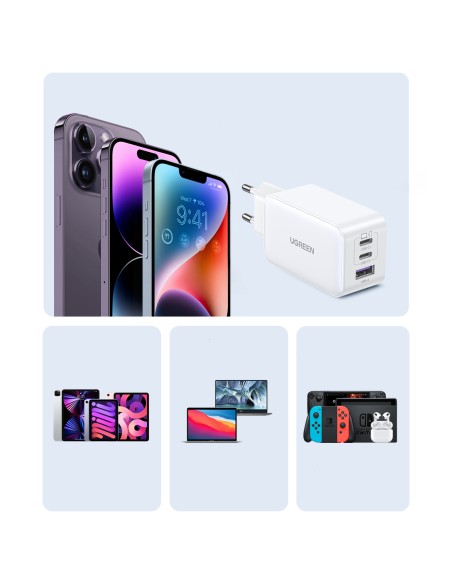 
GaN 65W USB-A / 2x USB-C greitas įkroviklis, baltas
