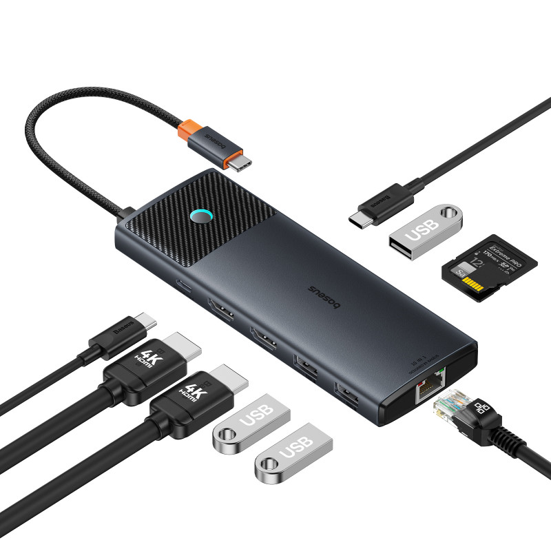 
10 viename HUB adapteris USB-C prie USB-C PD / 3x USB-A / 2x HDMI / RJ-45 / SD / TF juodas
