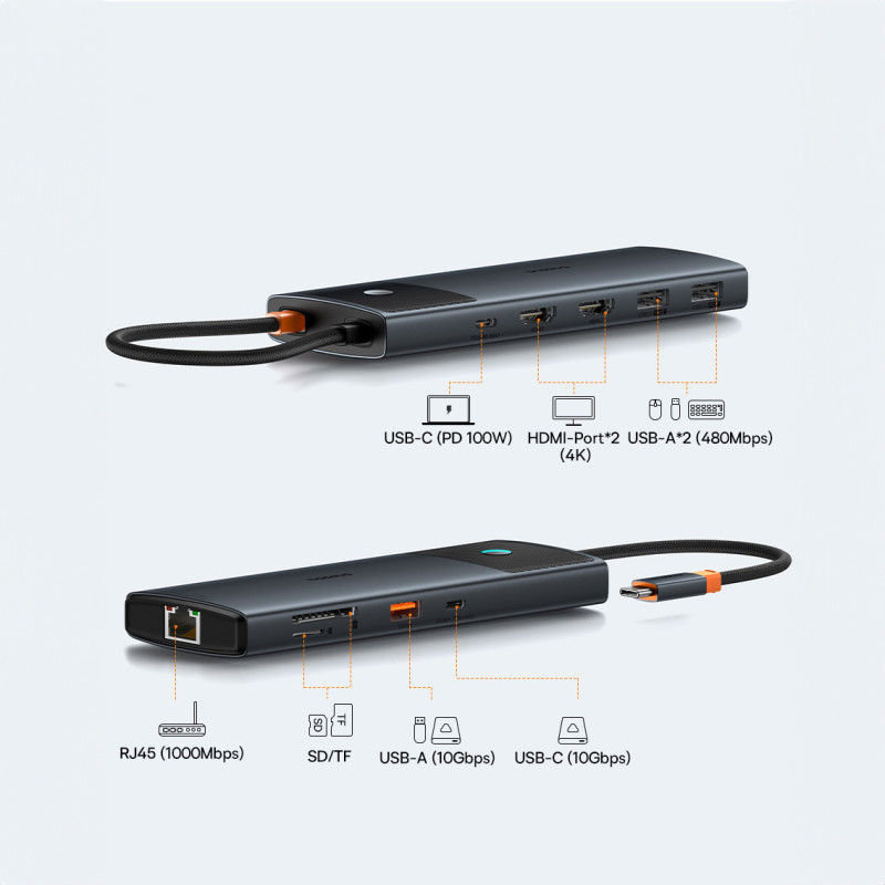10 viename HUB adapteris USB-C prie USB-C PD / 3x USB-A / 2x HDMI / RJ-45 / SD / TF juodas