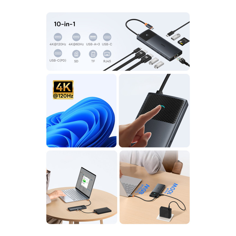 10 viename HUB adapteris USB-C prie USB-C PD / 3x USB-A / 2x HDMI / RJ-45 / SD / TF juodas