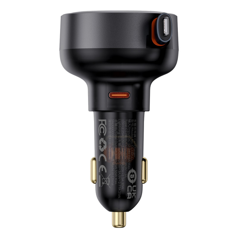Automobilinis įkroviklis su ištraukiamu laidu iPhone Lightning USB-C 60W, juodas