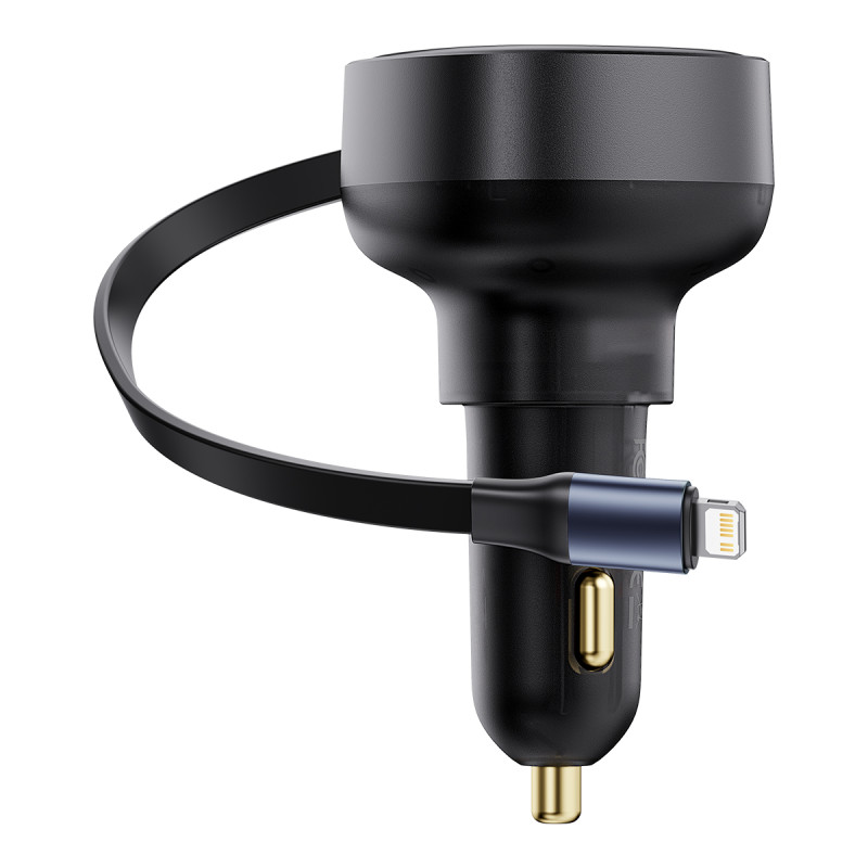Automobilinis įkroviklis su ištraukiamu laidu iPhone Lightning USB-C 60W, juodas