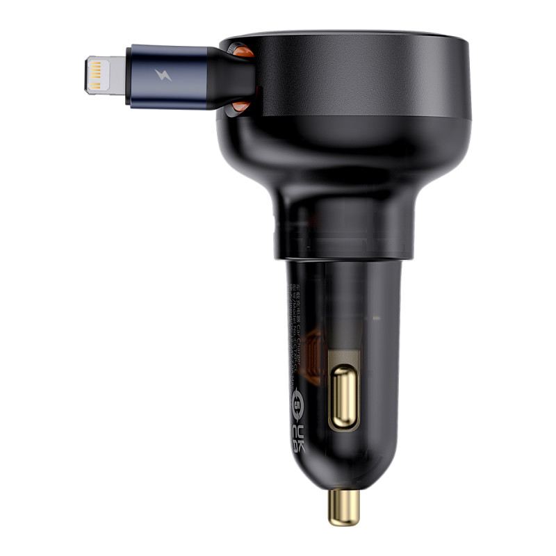 Automobilinis įkroviklis su ištraukiamu laidu iPhone Lightning USB-C 60W, juodas