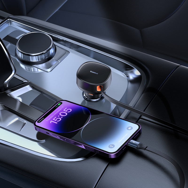 Automobilinis įkroviklis su ištraukiamu laidu iPhone Lightning USB-C 60W, juodas