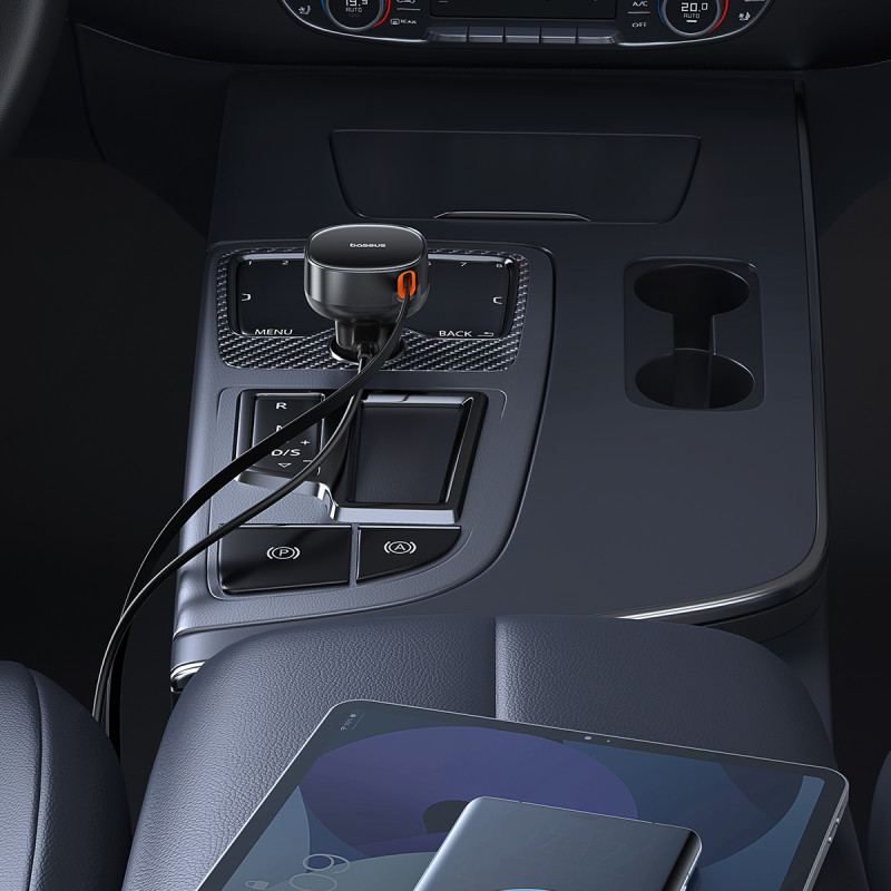 Automobilinis įkroviklis su ištraukiamu laidu iPhone Lightning USB-C 60W, juodas