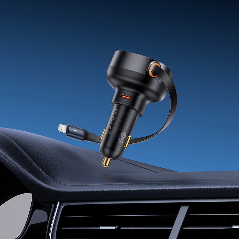 Automobilinis įkroviklis su ištraukiamu laidu iPhone Lightning USB-C 60W, juodas
