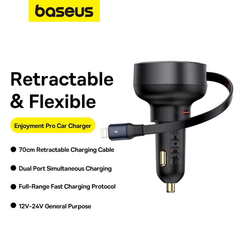 Automobilinis įkroviklis su ištraukiamu laidu iPhone Lightning USB-C 60W, juodas
