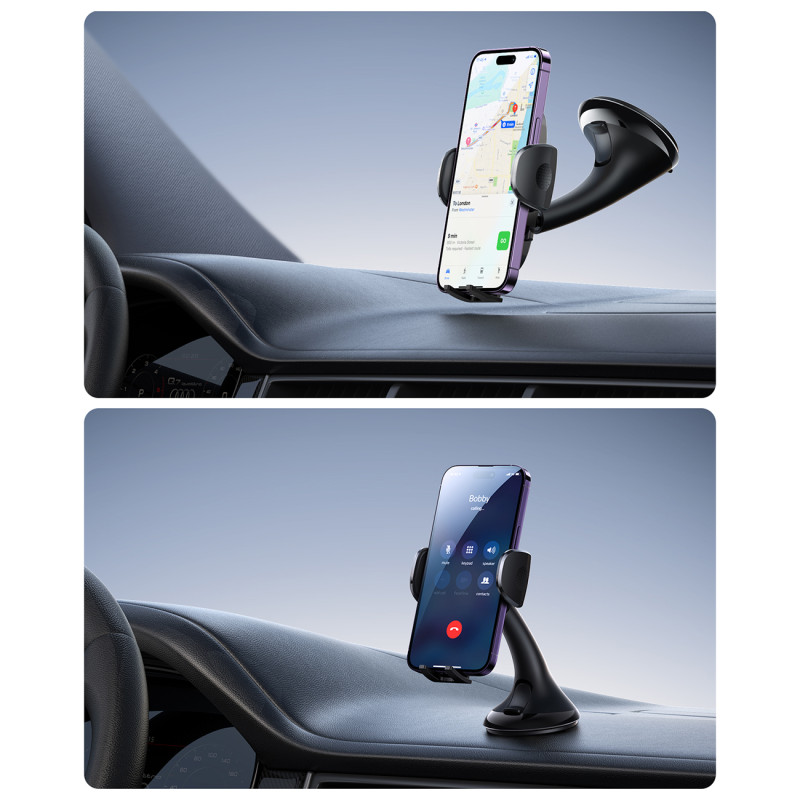 Universalus mechaninis automobilinio telefono laikiklis kabinai, stiklas, juodas