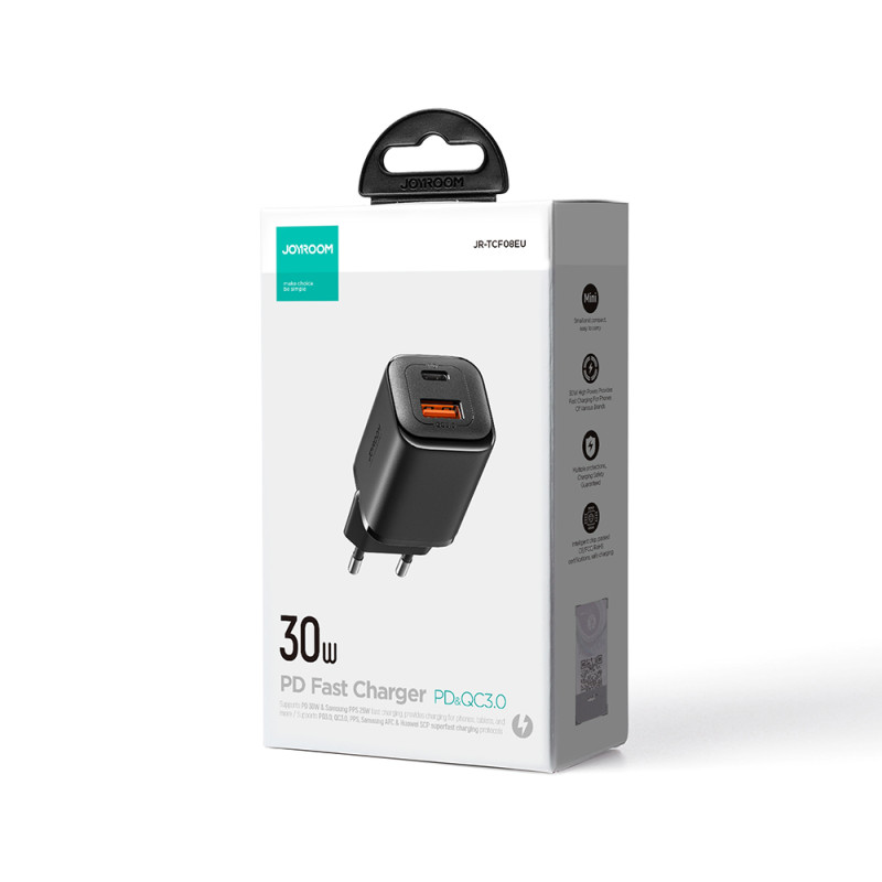 Greitas sieninis įkroviklis 30 W USB-A ir USB-C PD QC AFC FCP juodas