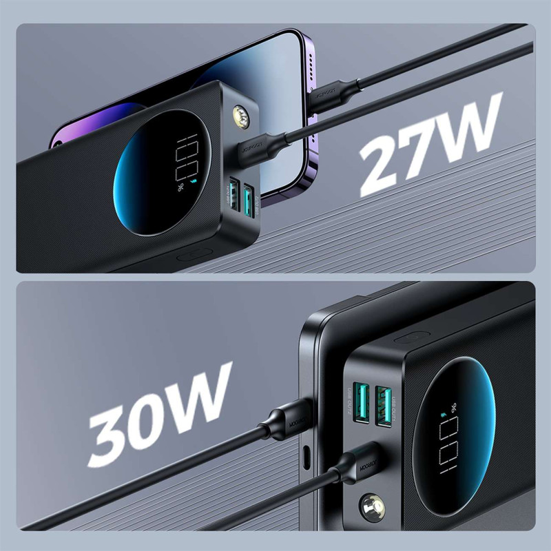 
Powerbank su žibintuvėliu 30W 20000mAh + USB-A - USB-C laidas 25cm juodas
