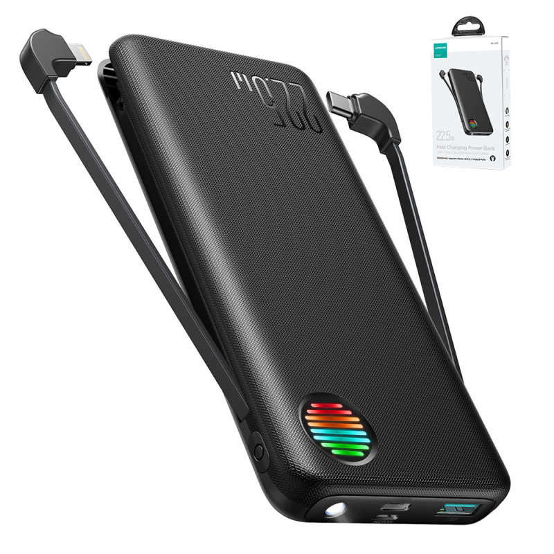 Powerbank su žibintuvėliu 22,5W 10000mAh ir įmontuotais USB-C ir Lightning laidais, juoda