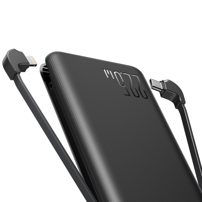 Powerbank su žibintuvėliu 22,5W 10000mAh ir įmontuotais USB-C ir Lightning laidais, juoda