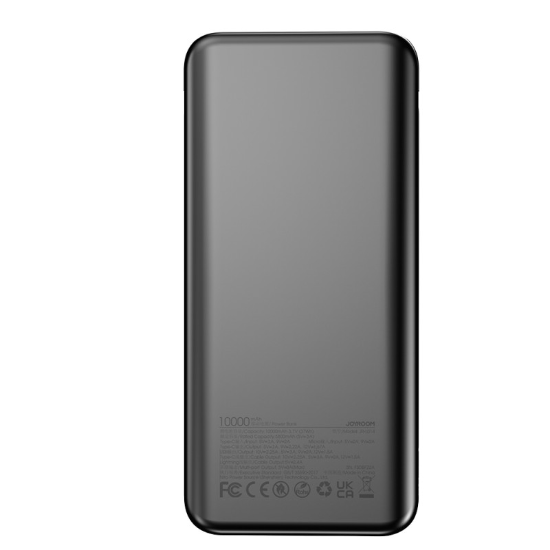 Powerbank su žibintuvėliu 22,5W 10000mAh ir įmontuotais USB-C ir Lightning laidais, juoda