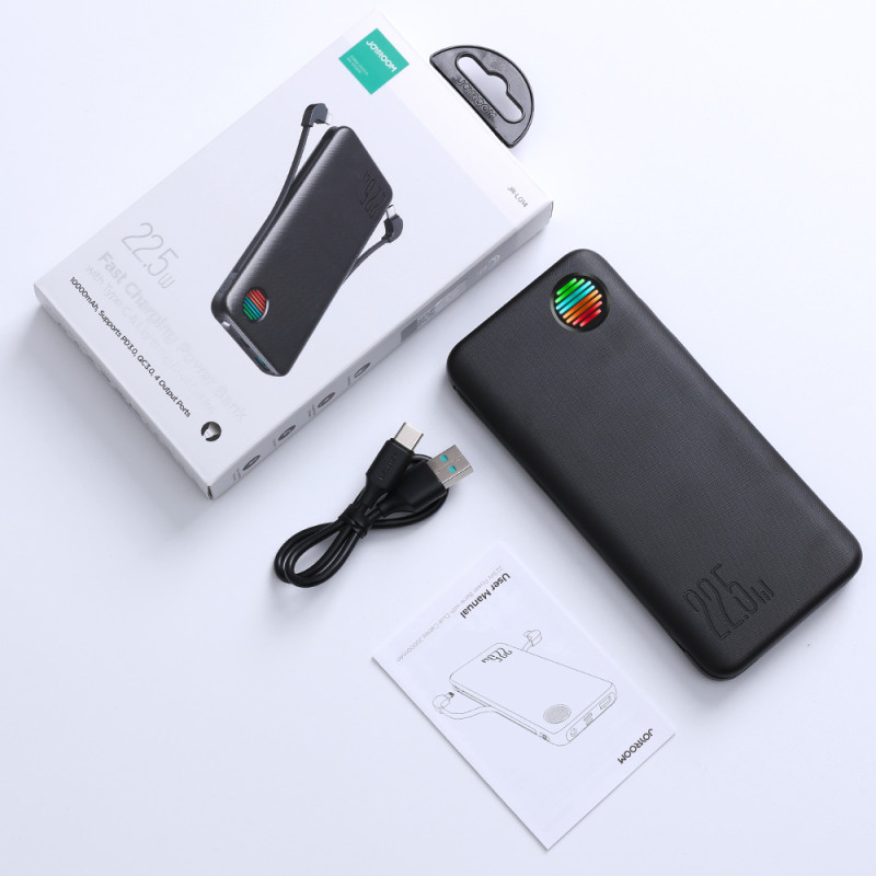 Powerbank su žibintuvėliu 22,5W 10000mAh ir įmontuotais USB-C ir Lightning laidais, juoda