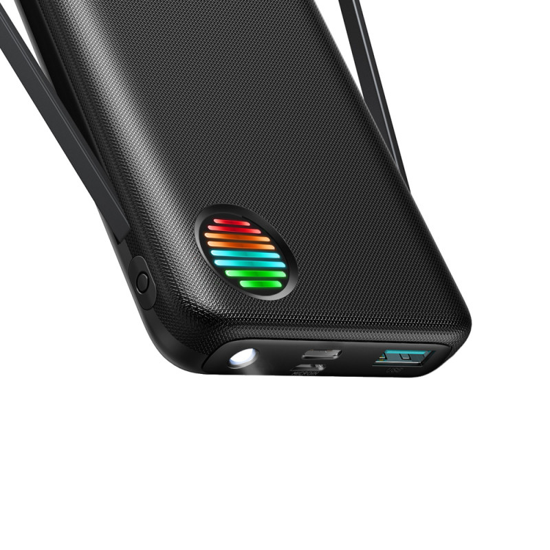 Powerbank su žibintuvėliu 22,5W 10000mAh ir įmontuotais USB-C ir Lightning laidais, juoda