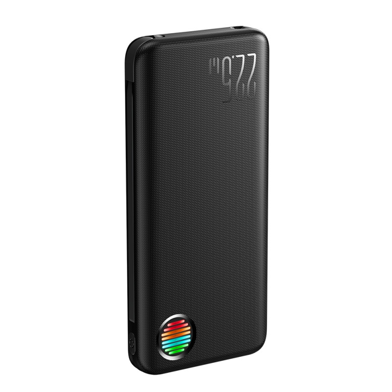 Powerbank su žibintuvėliu 22,5W 10000mAh ir įmontuotais USB-C ir Lightning laidais, juoda