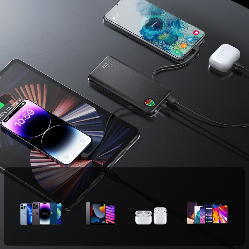 Powerbank su žibintuvėliu 22,5W 10000mAh ir įmontuotais USB-C ir Lightning laidais, juoda