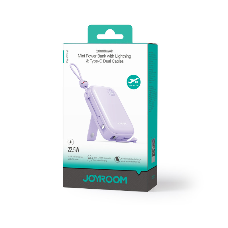 Cutie Series 22.5W 20000mAh Powerbank su USB-A USB-C stovu iPhone violetinis