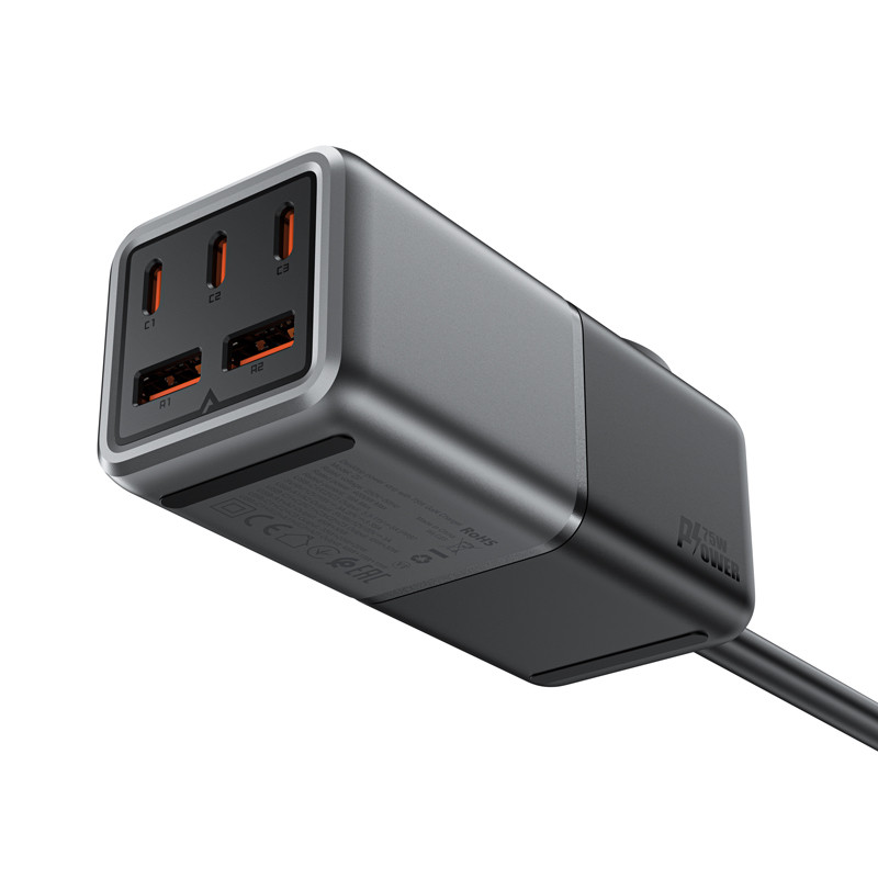 Stalinio įkroviklio įkrovimo stotelė Z2 GaN 75W PD 3x USB-C 2x USB-A juoda ir pilka