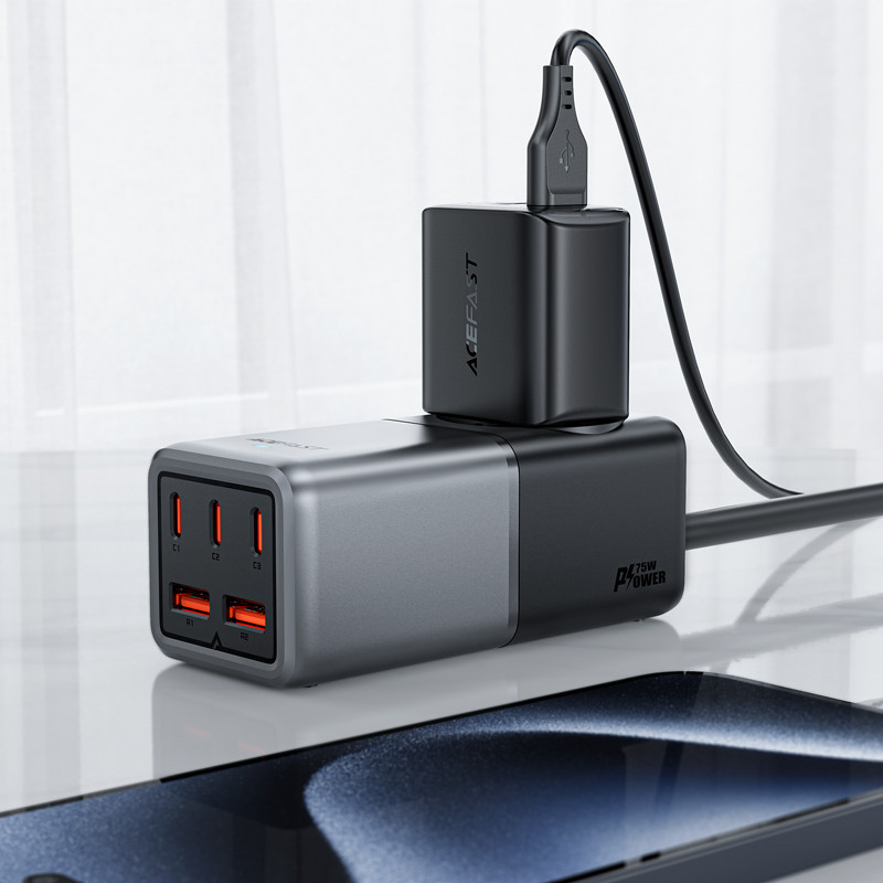 Stalinio įkroviklio įkrovimo stotelė Z2 GaN 75W PD 3x USB-C 2x USB-A juoda ir pilka