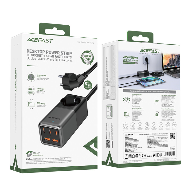 Stalinio įkroviklio įkrovimo stotelė Z2 GaN 75W PD 3x USB-C 2x USB-A juoda ir pilka