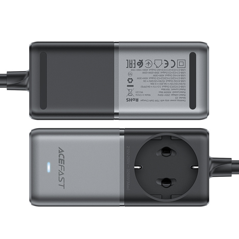 Stalinio įkroviklio įkrovimo stotelė Z2 GaN 75W PD 3x USB-C 2x USB-A juoda ir pilka