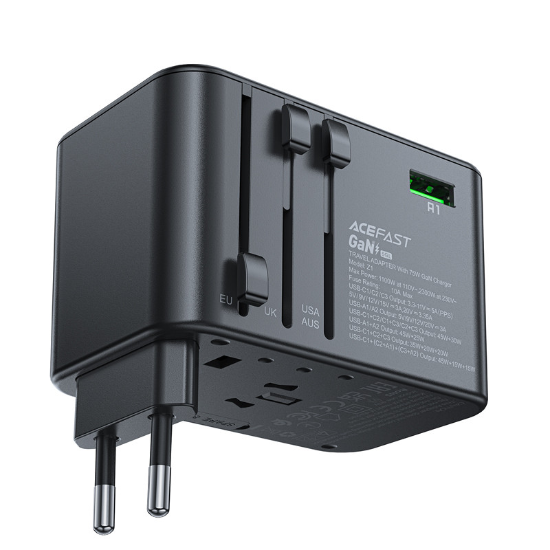 
Universalus GaN Kelioninis įkroviklis 2x USB-A 3x USB-C kištukai JK EU USA AUS Black
