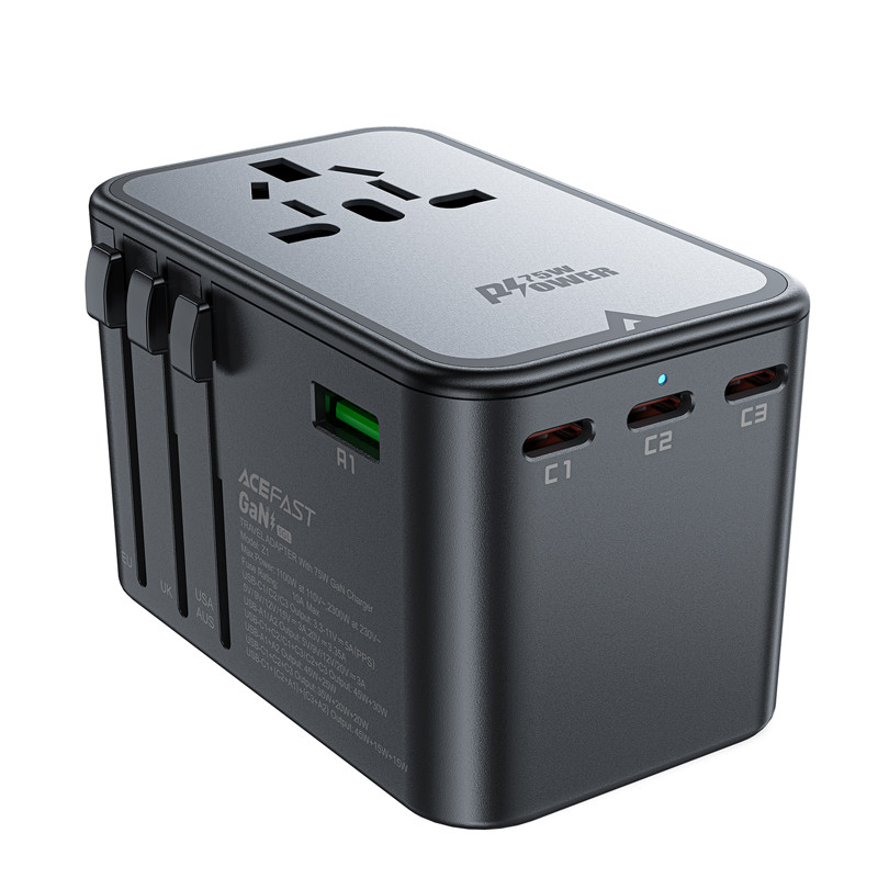 Universalus GaN Kelioninis įkroviklis 2x USB-A 3x USB-C kištukai JK EU USA AUS Black