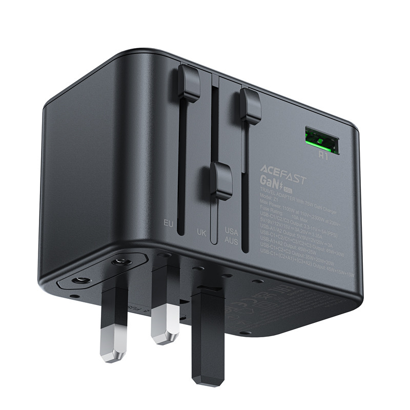 Universalus GaN Kelioninis įkroviklis 2x USB-A 3x USB-C kištukai JK EU USA AUS Black
